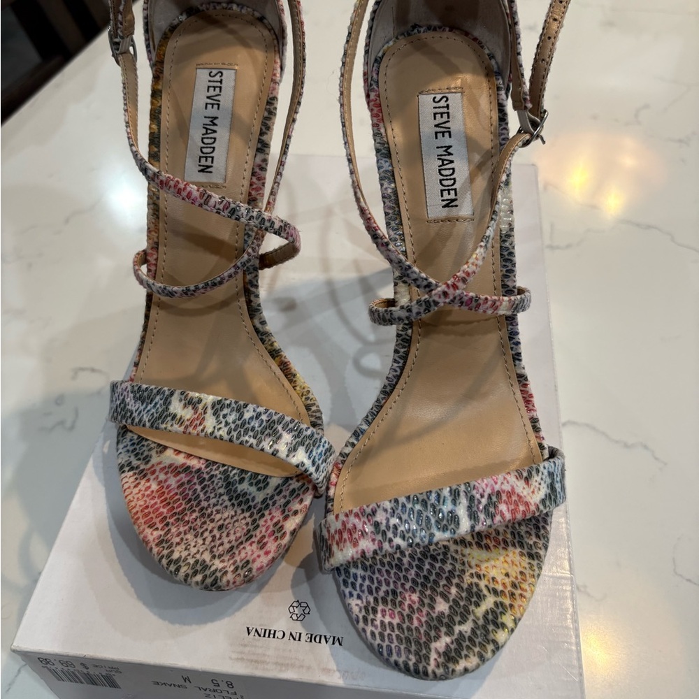 Never worn- Steve Madden Multicolor Snakeskin Design Strappy Sandals